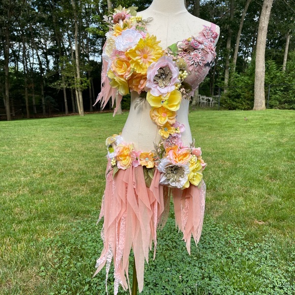 Floral Embellished Pink and Yellow Rose Fairy Monokini Dress Costume - Picture 4 of 8